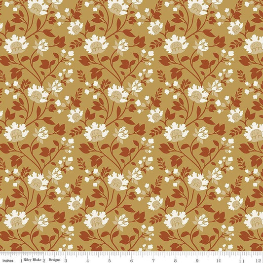 Image of Before the Blooms Florence Gold quilting cotton fabric by Danelys Sidron for Riley Blake Designs. Features flowers on a gold background. Cute Little Fabric Shop.