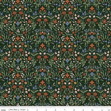 Image of Before the Blooms Iris Pine quilting cotton fabric by Danelys Sidron for Riley Blake Designs. Features flowers on a green background. Cute Little Fabric Shop.