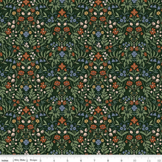 Image of Before the Blooms Iris Pine quilting cotton fabric by Danelys Sidron for Riley Blake Designs. Features flowers on a green background. Cute Little Fabric Shop.