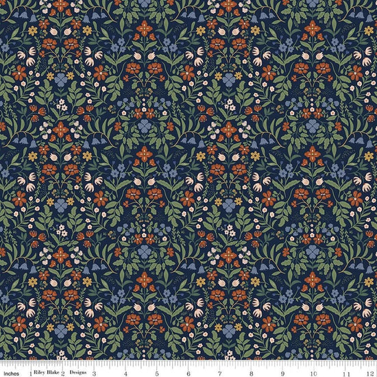 Image of Before the Blooms Iris Indigo quilting cotton fabric by Danelys Sidron for Riley Blake Designs. Features flowers on a blue background. Cute Little Fabric Shop.