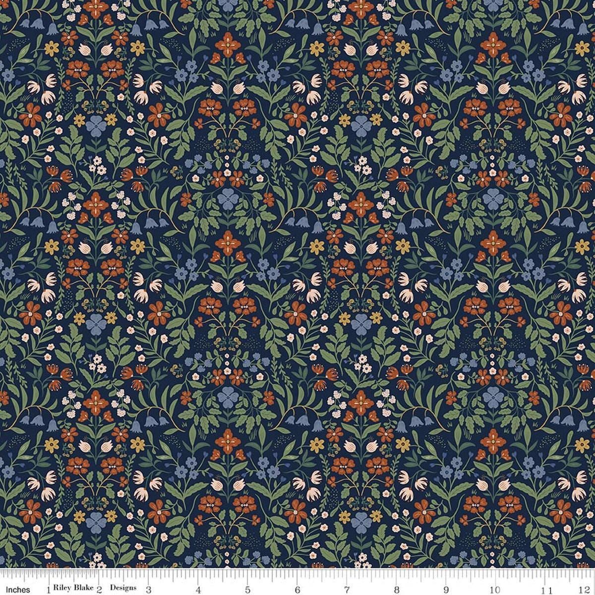 Image of Before the Blooms Iris Indigo quilting cotton fabric by Danelys Sidron for Riley Blake Designs. Features flowers on a blue background. Cute Little Fabric Shop.