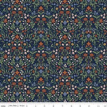 Image of Before the Blooms Iris Indigo quilting cotton fabric by Danelys Sidron for Riley Blake Designs. Features flowers on a blue background. Cute Little Fabric Shop.