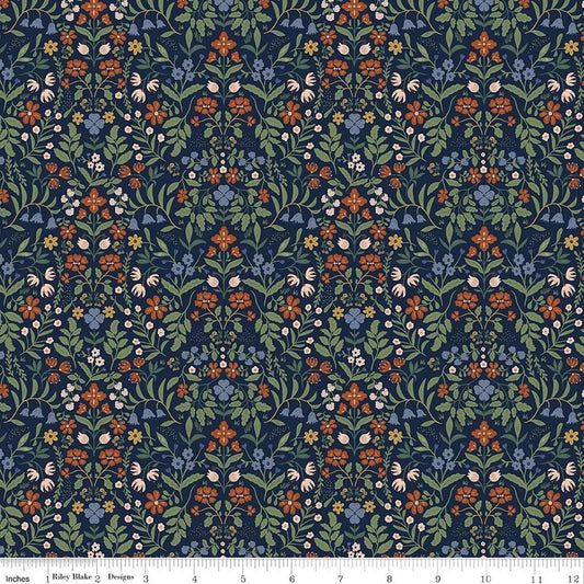 Image of Before the Blooms Iris Indigo quilting cotton fabric by Danelys Sidron for Riley Blake Designs. Features flowers on a blue background. Cute Little Fabric Shop.