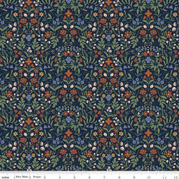 Image of Before the Blooms Iris Indigo quilting cotton fabric by Danelys Sidron for Riley Blake Designs. Features flowers on a blue background. Cute Little Fabric Shop.