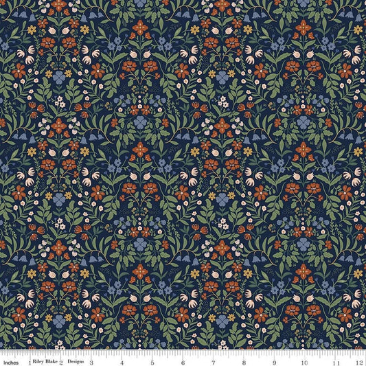 Image of Before the Blooms Iris Indigo quilting cotton fabric by Danelys Sidron for Riley Blake Designs. Features flowers on a blue background. Cute Little Fabric Shop.