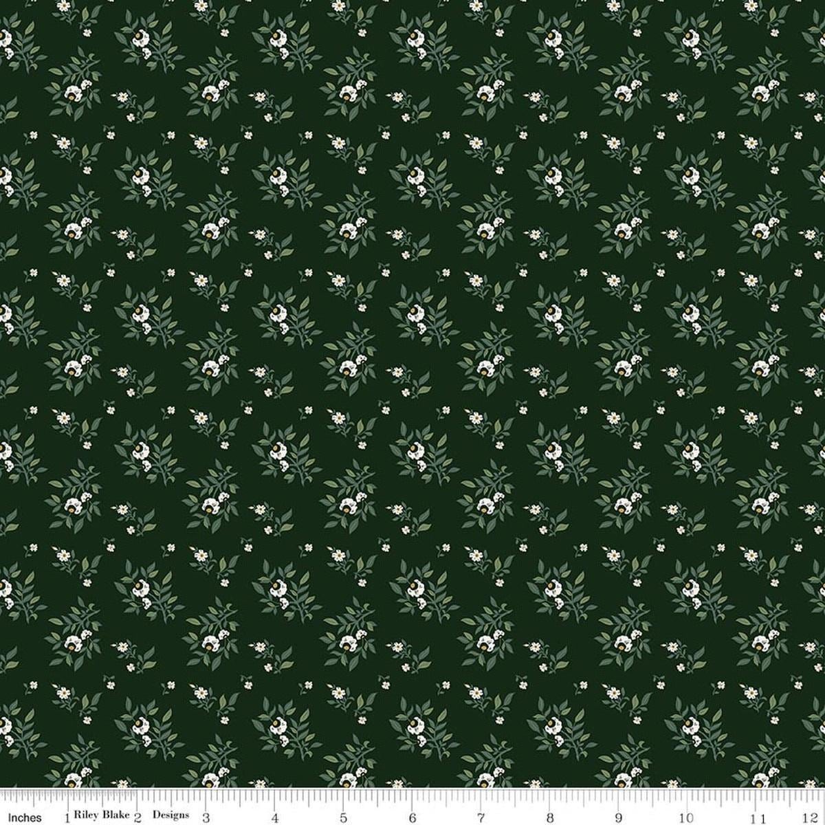 Image of Before the Blooms Juniper Pine quilting cotton fabric by Danelys Sidron for Riley Blake Designs. Features flowers on a green background. Cute Little Fabric Shop.