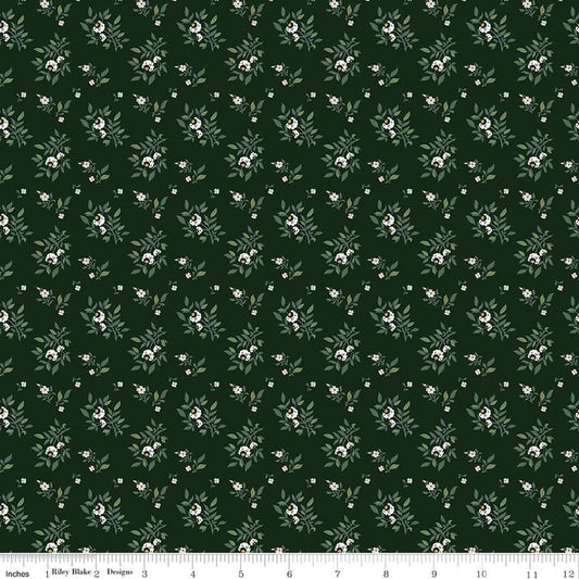 Image of Before the Blooms Juniper Pine quilting cotton fabric by Danelys Sidron for Riley Blake Designs. Features flowers on a green background. Cute Little Fabric Shop.