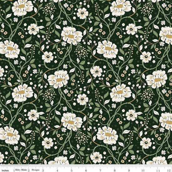 Image of Before the Blooms Main Pine quilting cotton fabric by Danelys Sidron for Riley Blake Designs. Features flowers on a green background. Cute Little Fabric Shop.