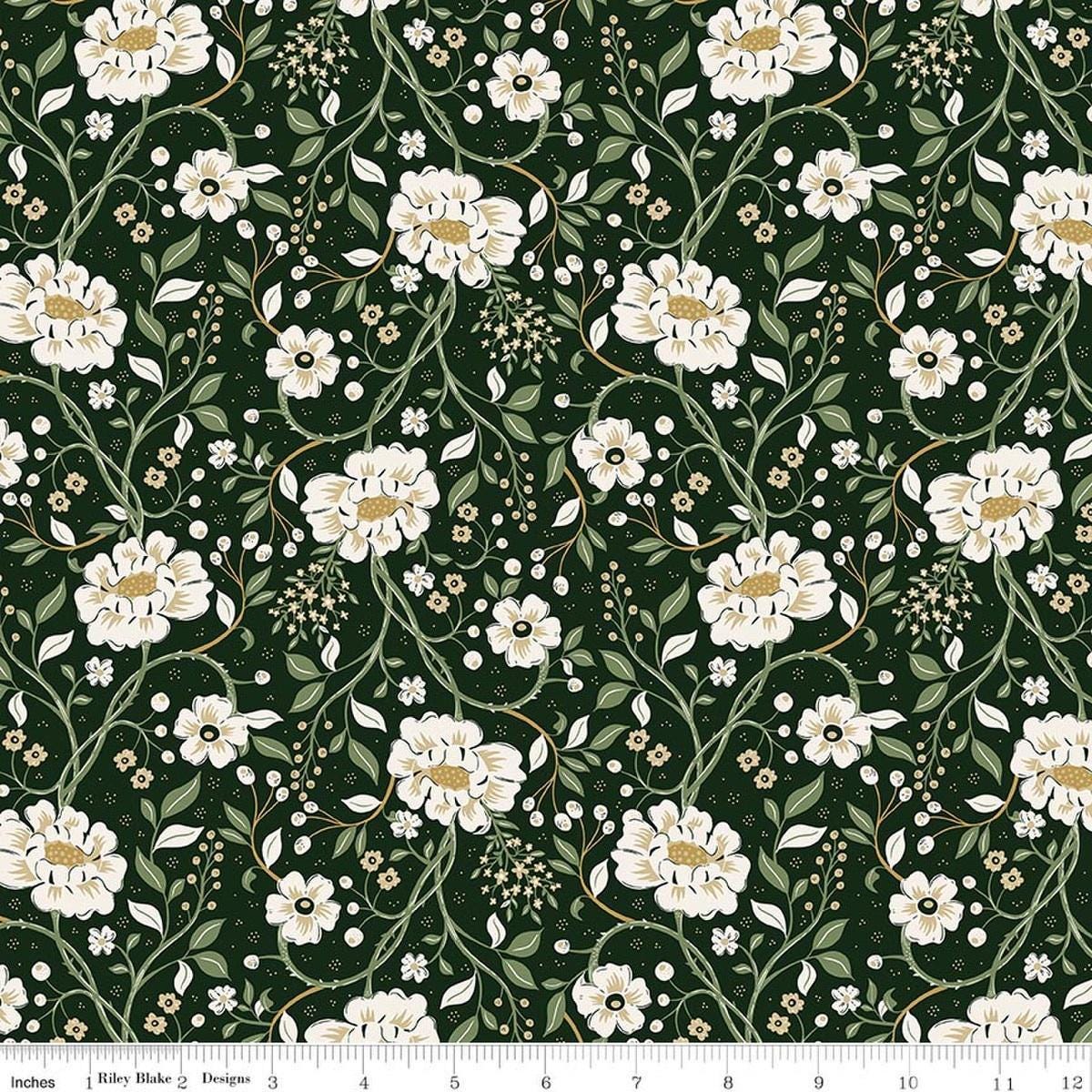 Image of Before the Blooms Main Pine quilting cotton fabric by Danelys Sidron for Riley Blake Designs. Features flowers on a green background. Cute Little Fabric Shop.