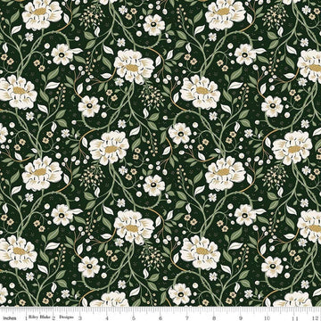 Image of Before the Blooms Main Pine quilting cotton fabric by Danelys Sidron for Riley Blake Designs. Features flowers on a green background. Cute Little Fabric Shop.