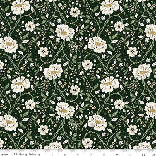Image of Before the Blooms Main Pine quilting cotton fabric by Danelys Sidron for Riley Blake Designs. Features flowers on a green background. Cute Little Fabric Shop.