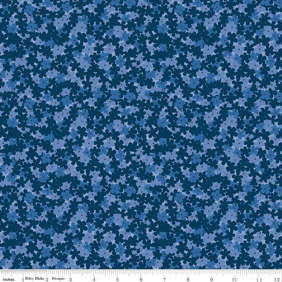 Image of Foxglove Hydrangea Oxford Blue quilting cotton fabric by Jill Finley for Riley Blake Designs. Features flowers on a blue background. Cute Little Fabric Shop.