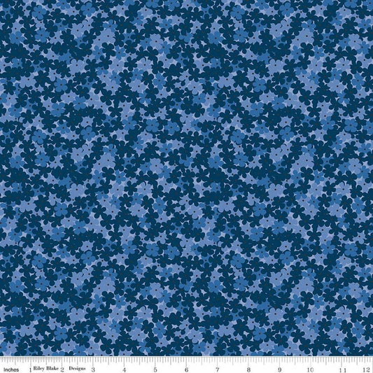 Image of Foxglove Hydrangea Oxford Blue quilting cotton fabric by Jill Finley for Riley Blake Designs. Features flowers on a blue background. Cute Little Fabric Shop.