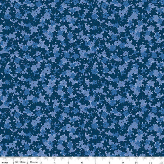 Image of Foxglove Hydrangea Oxford Blue quilting cotton fabric by Jill Finley for Riley Blake Designs. Features flowers on a blue background. Cute Little Fabric Shop.