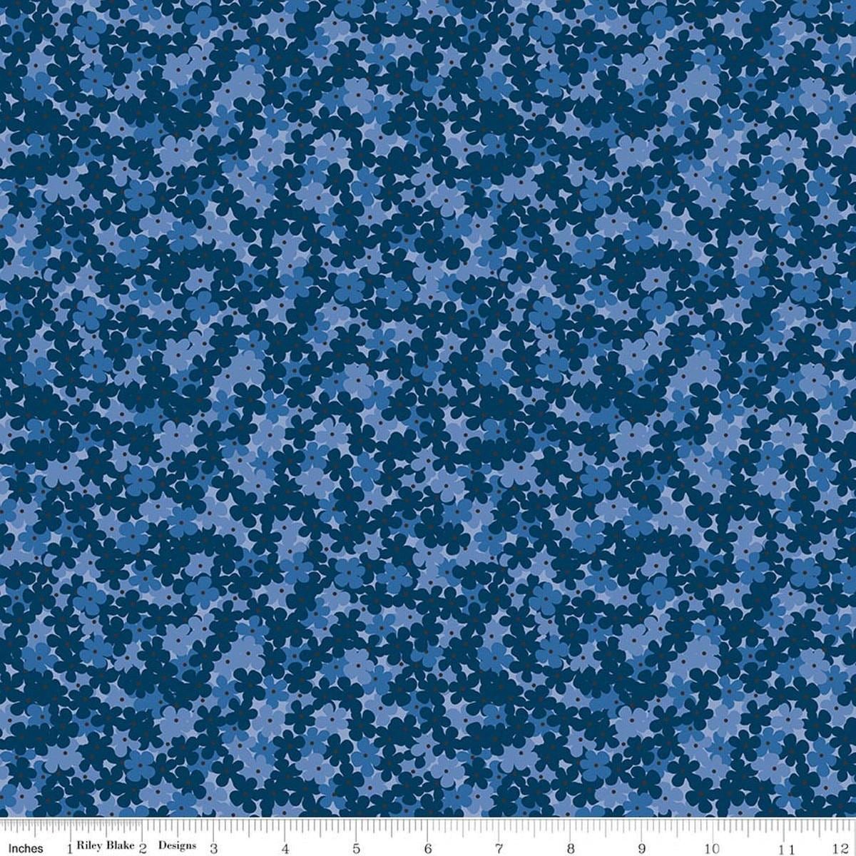 Image of Foxglove Hydrangea Oxford Blue quilting cotton fabric by Jill Finley for Riley Blake Designs. Features flowers on a blue background. Cute Little Fabric Shop.