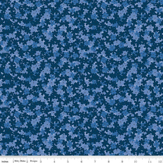 Image of Foxglove Hydrangea Oxford Blue quilting cotton fabric by Jill Finley for Riley Blake Designs. Features flowers on a blue background. Cute Little Fabric Shop.