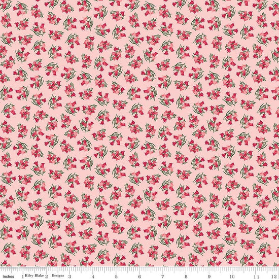 Image of Foxglove Bluebells Pink quilting cotton fabric by Jill Finley for Riley Blake Designs. Features flowers on a pink background. Cute Little Fabric Shop.