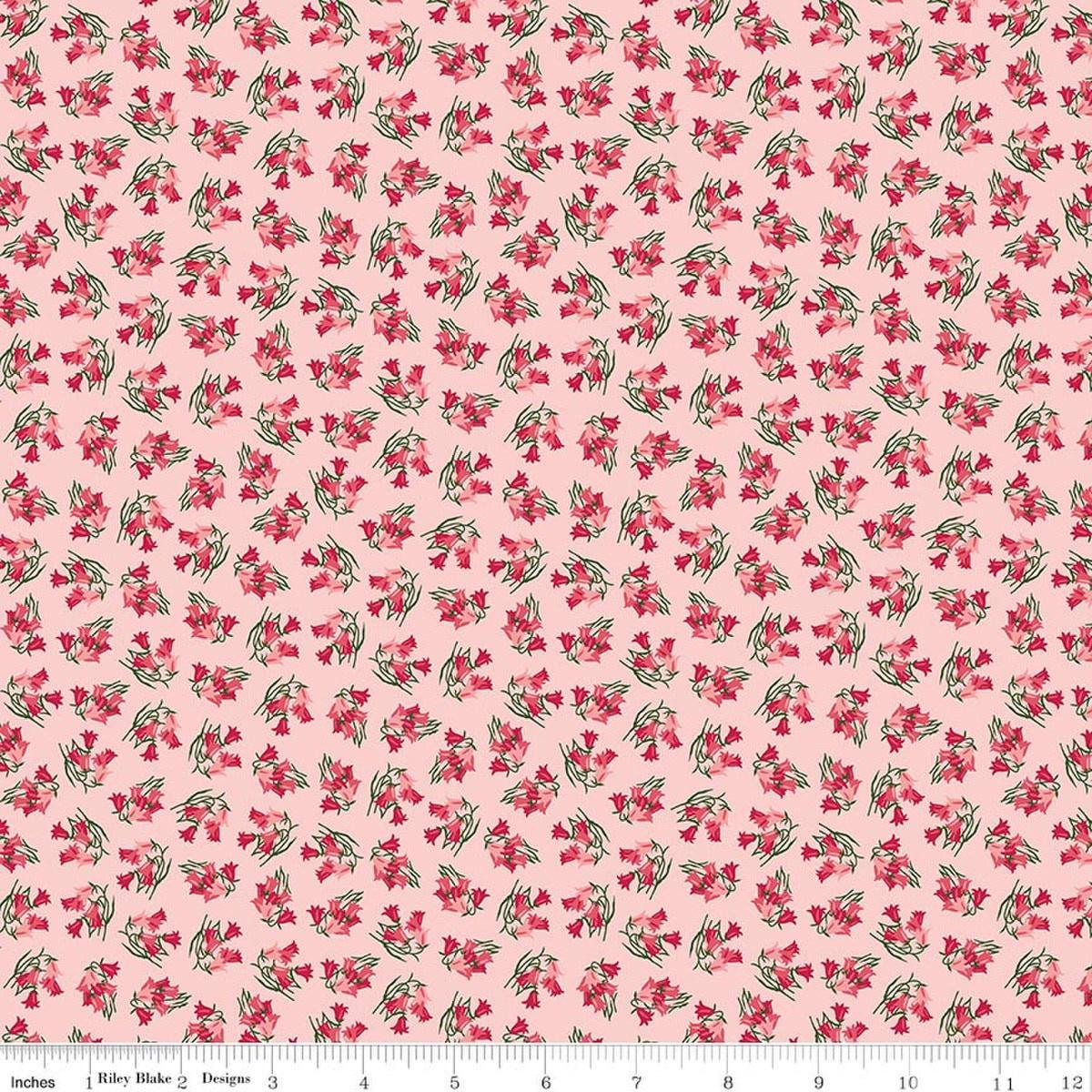Image of Foxglove Bluebells Pink quilting cotton fabric by Jill Finley for Riley Blake Designs. Features flowers on a pink background. Cute Little Fabric Shop.