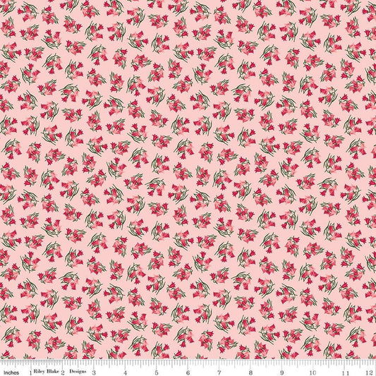 Image of Foxglove Bluebells Pink quilting cotton fabric by Jill Finley for Riley Blake Designs. Features flowers on a pink background. Cute Little Fabric Shop.