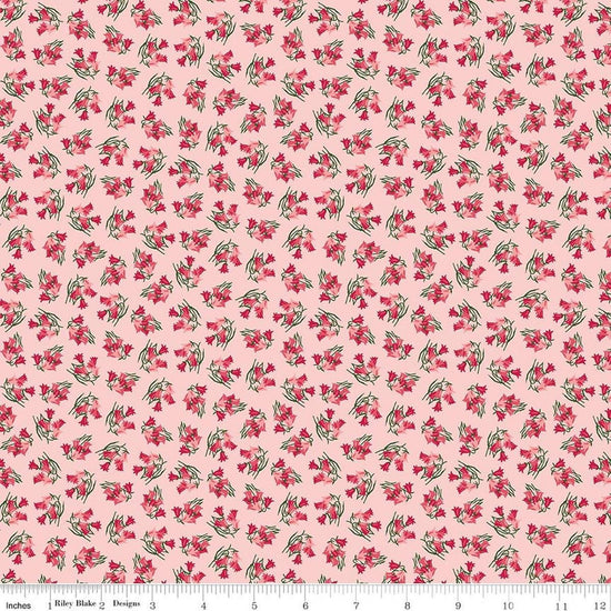 Image of Foxglove Bluebells Pink quilting cotton fabric by Jill Finley for Riley Blake Designs. Features flowers on a pink background. Cute Little Fabric Shop.