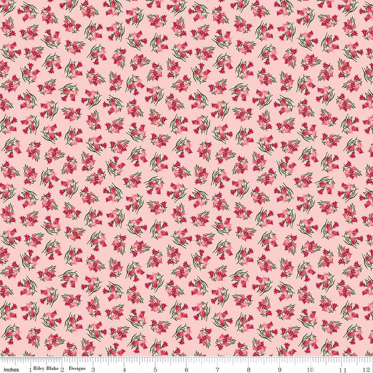 Image of Foxglove Bluebells Pink quilting cotton fabric by Jill Finley for Riley Blake Designs. Features flowers on a pink background. Cute Little Fabric Shop.