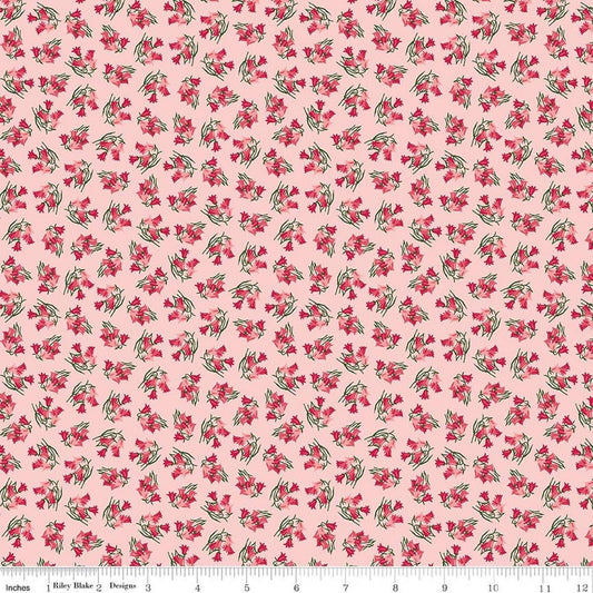 Image of Foxglove Bluebells Pink quilting cotton fabric by Jill Finley for Riley Blake Designs. Features flowers on a pink background. Cute Little Fabric Shop.