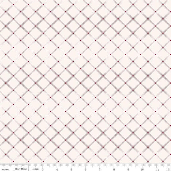 Image of Foxglove Squares Dahlia Red quilting cotton fabric by Jill Finley for Riley Blake Designs. Features squares on a cream background. Cute Little Fabric Shop.