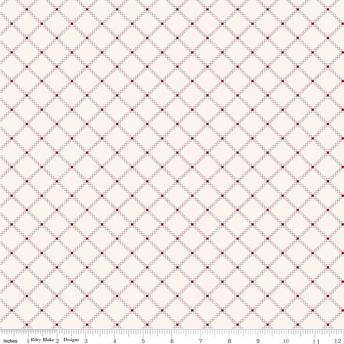 Image of Foxglove Squares Dahlia Red quilting cotton fabric by Jill Finley for Riley Blake Designs. Features squares on a cream background. Cute Little Fabric Shop.