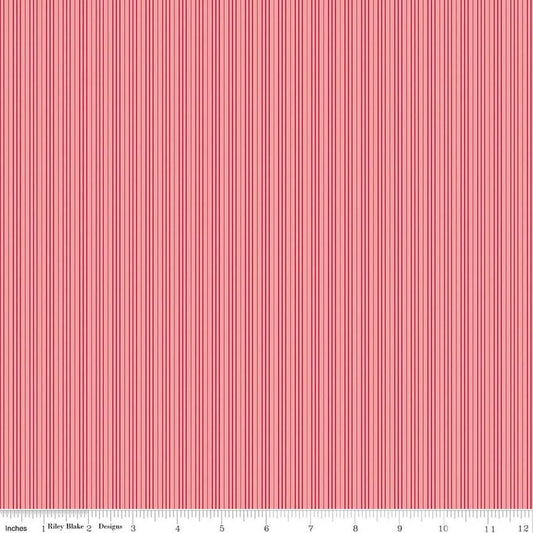 Image of Foxglove Stripes Grapefruit quilting cotton fabric by Jill Finley for Riley Blake Designs. Features stripes on a pink background. Cute Little Fabric Shop.