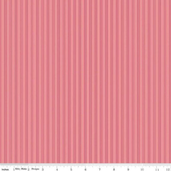 Image of Foxglove Stripes Grapefruit quilting cotton fabric by Jill Finley for Riley Blake Designs. Features stripes on a pink background. Cute Little Fabric Shop.