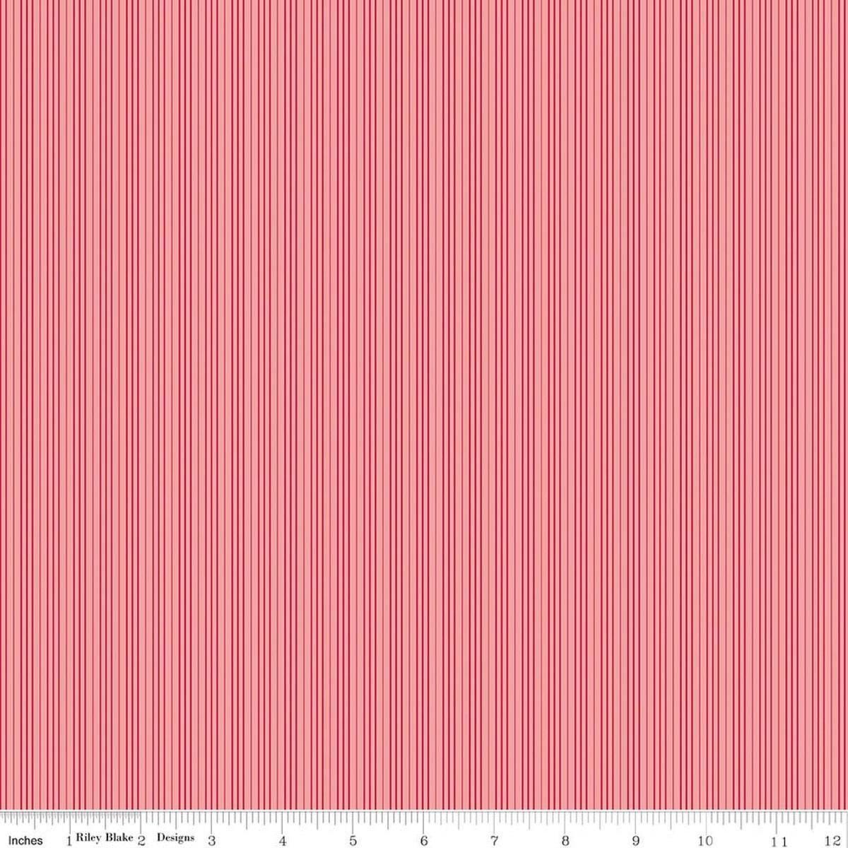 Image of Foxglove Stripes Grapefruit quilting cotton fabric by Jill Finley for Riley Blake Designs. Features stripes on a pink background. Cute Little Fabric Shop.