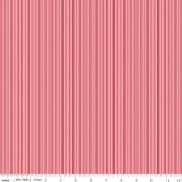 Image of Foxglove Stripes Grapefruit quilting cotton fabric by Jill Finley for Riley Blake Designs. Features stripes on a pink background. Cute Little Fabric Shop.