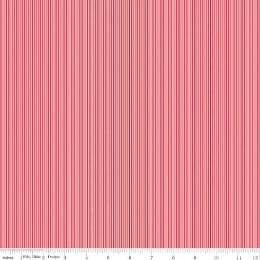 Image of Foxglove Stripes Grapefruit quilting cotton fabric by Jill Finley for Riley Blake Designs. Features stripes on a pink background. Cute Little Fabric Shop.