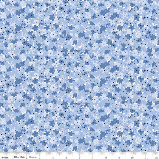 Image of Foxglove Hydrangea Blueberry quilting cotton fabric by Jill Finley for Riley Blake Designs. Features flowers on a blue background. Cute Little Fabric Shop.