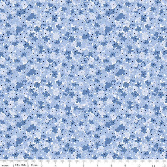 Image of Foxglove Hydrangea Blueberry quilting cotton fabric by Jill Finley for Riley Blake Designs. Features flowers on a blue background. Cute Little Fabric Shop.