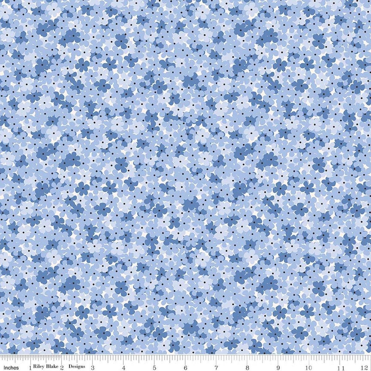 Image of Foxglove Hydrangea Blueberry quilting cotton fabric by Jill Finley for Riley Blake Designs. Features flowers on a blue background. Cute Little Fabric Shop.