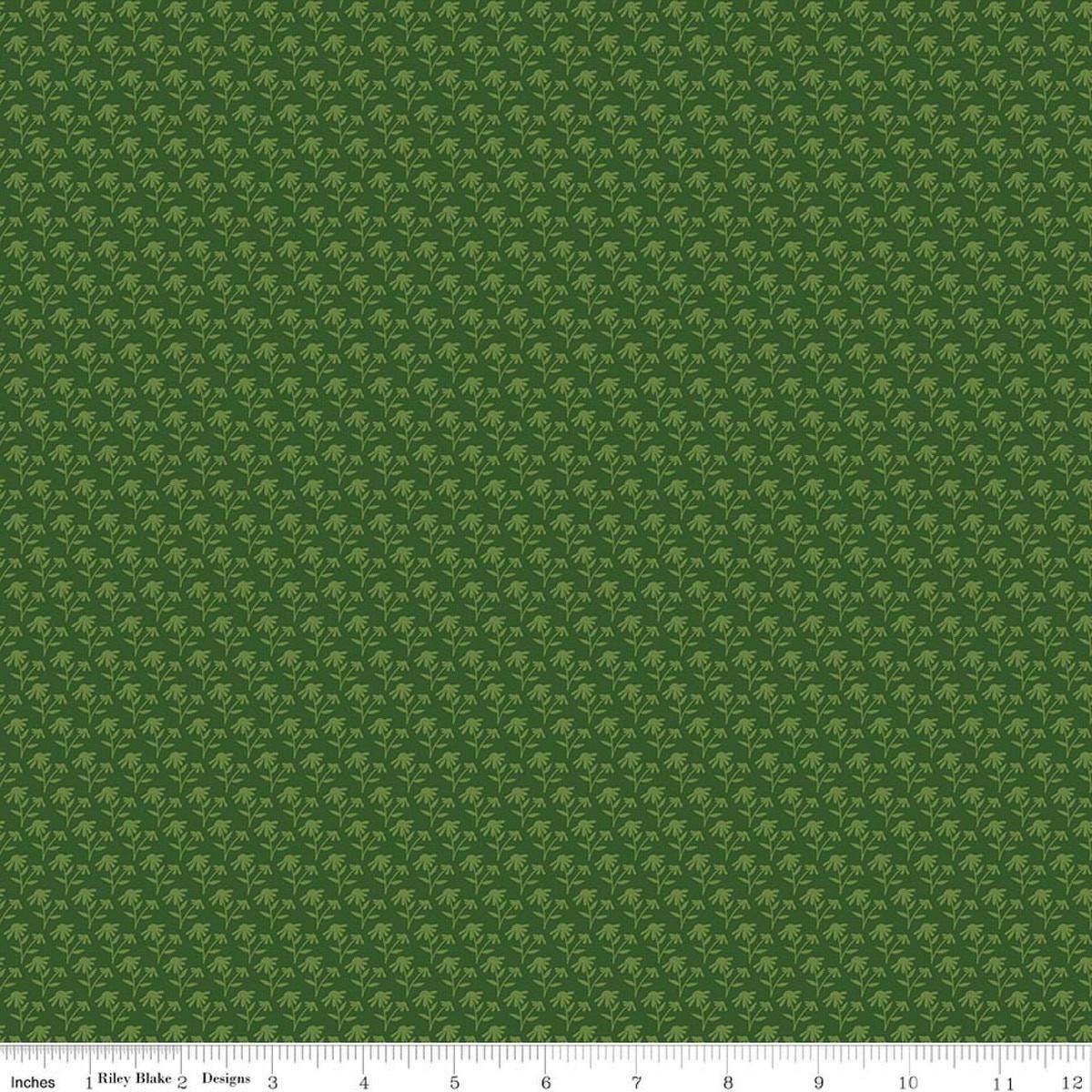 Image of Foxglove Tonal Floral Hunter quilting cotton fabric by Jill Finley for Riley Blake Designs. Features flowers on a green background. Cute Little Fabric Shop.