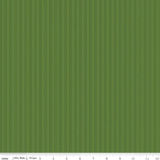 Image of Foxglove Stripes Basil quilting cotton fabric by Jill Finley for Riley Blake Designs. Features stripes on a green background. Cute Little Fabric Shop.