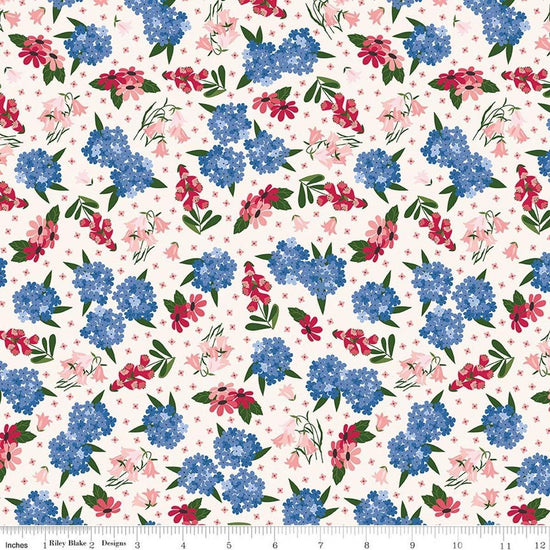 Image of Foxglove Main Cream quilting cotton fabric by Jill Finley for Riley Blake Designs. Features flowers on a cream background. Cute Little Fabric Shop.