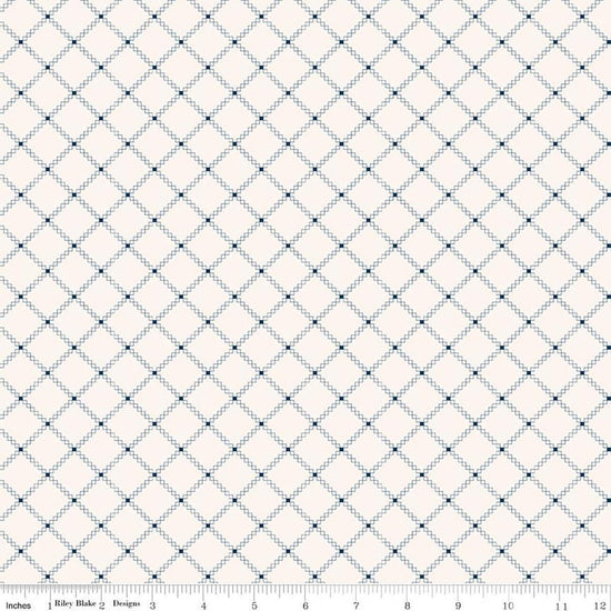 Image of Foxglove Squares Oxford Blue quilting cotton fabric by Jill Finley for Riley Blake Designs. Features squares on a cream background. Cute Little Fabric Shop.
