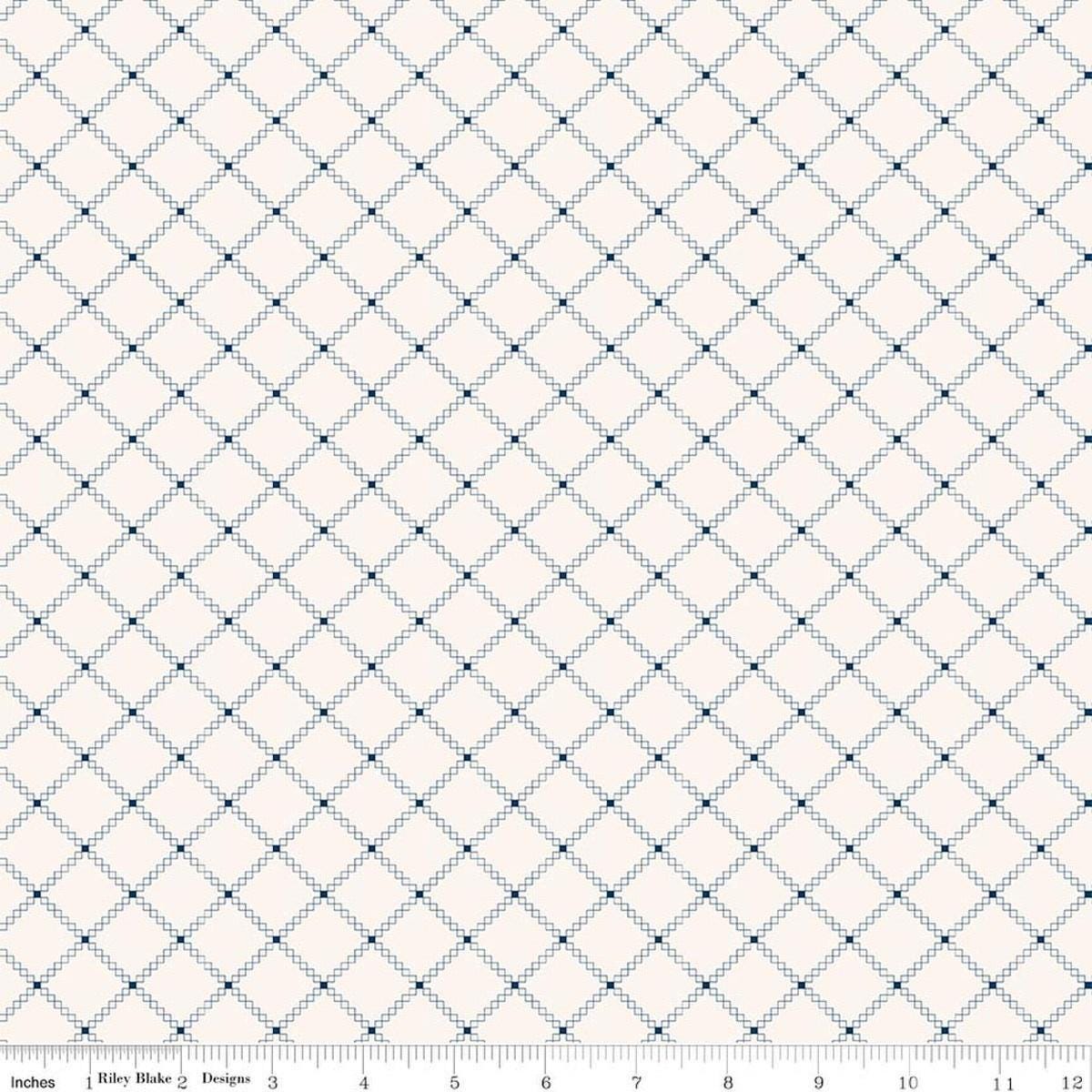 Image of Foxglove Squares Oxford Blue quilting cotton fabric by Jill Finley for Riley Blake Designs. Features squares on a cream background. Cute Little Fabric Shop.
