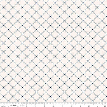 Image of Foxglove Squares Oxford Blue quilting cotton fabric by Jill Finley for Riley Blake Designs. Features squares on a cream background. Cute Little Fabric Shop.