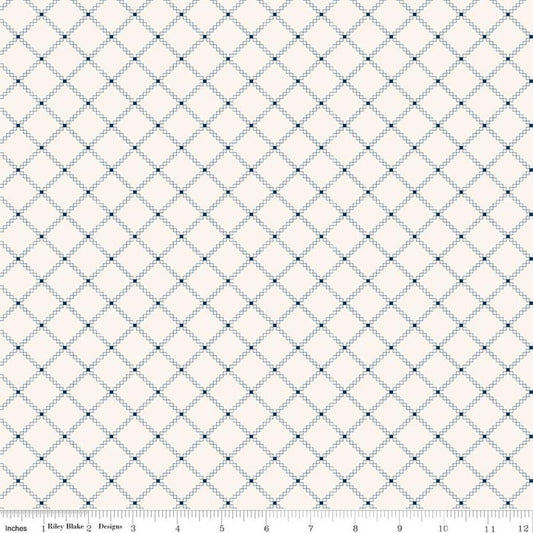 Image of Foxglove Squares Oxford Blue quilting cotton fabric by Jill Finley for Riley Blake Designs. Features squares on a cream background. Cute Little Fabric Shop.