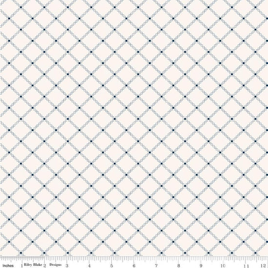 Image of Foxglove Squares Oxford Blue quilting cotton fabric by Jill Finley for Riley Blake Designs. Features squares on a cream background. Cute Little Fabric Shop.