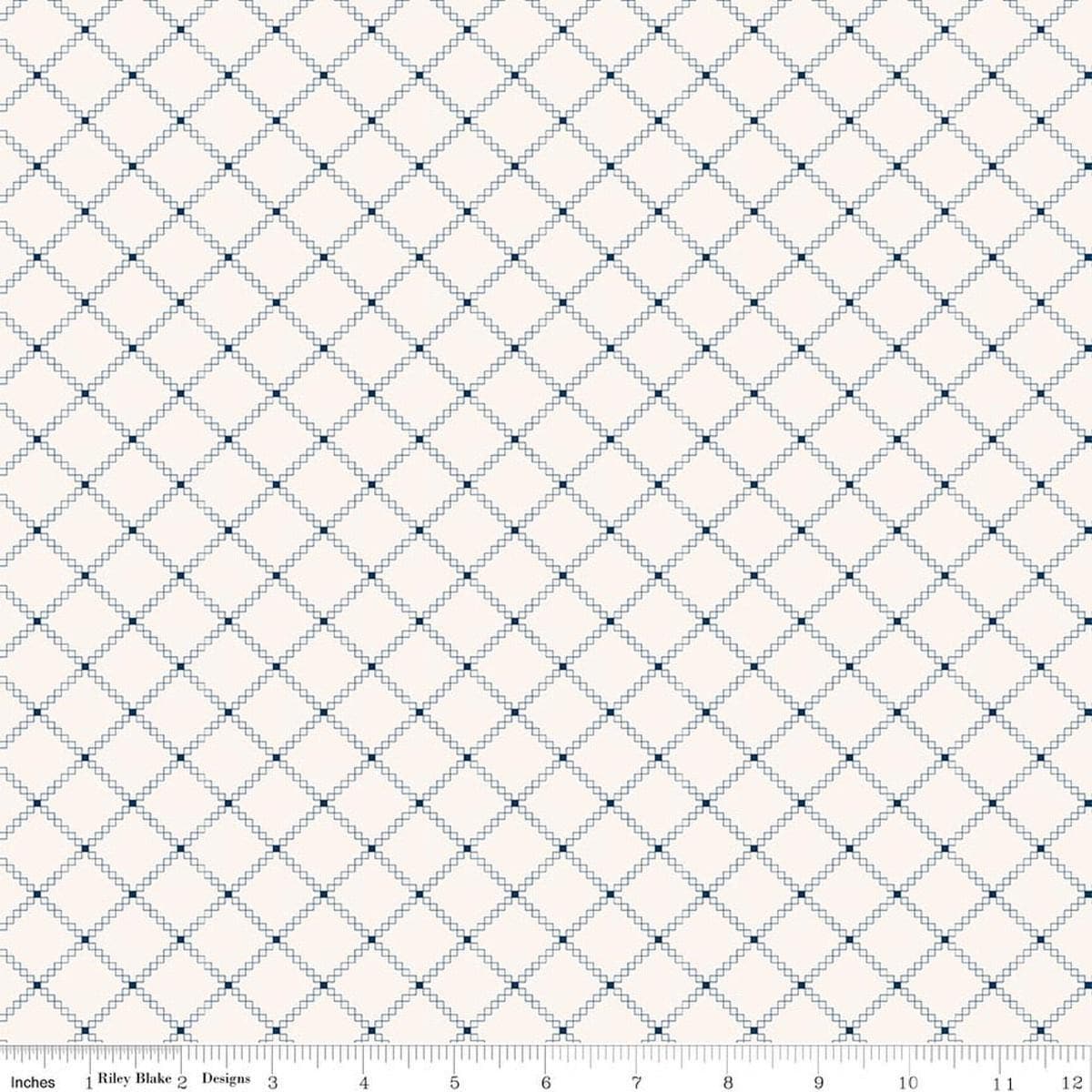 Image of Foxglove Squares Oxford Blue quilting cotton fabric by Jill Finley for Riley Blake Designs. Features squares on a cream background. Cute Little Fabric Shop.