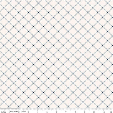Image of Foxglove Squares Oxford Blue quilting cotton fabric by Jill Finley for Riley Blake Designs. Features squares on a cream background. Cute Little Fabric Shop.