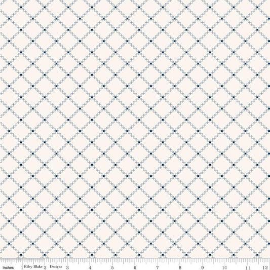 Image of Foxglove Squares Oxford Blue quilting cotton fabric by Jill Finley for Riley Blake Designs. Features squares on a cream background. Cute Little Fabric Shop.