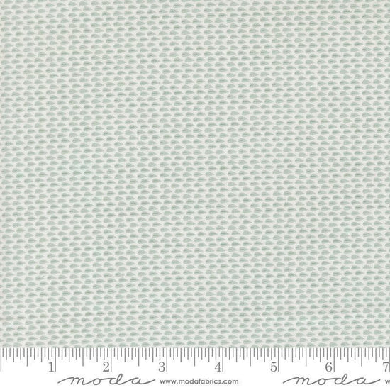 Image of Gathered Bonbons Lazy Leaf Home Town Sky quilting cotton fabric by Jen Kingwell for Moda Fabrics. Features tiny leaves on a blue background. Cute Little Fabric Shop.