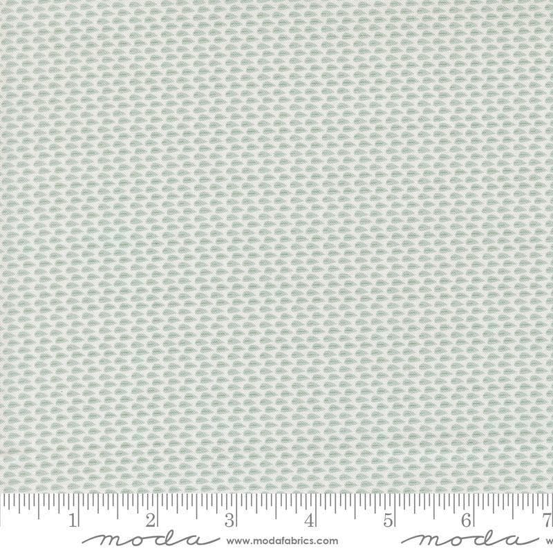 Image of Gathered Bonbons Lazy Leaf Home Town Sky quilting cotton fabric by Jen Kingwell for Moda Fabrics. Features tiny leaves on a blue background. Cute Little Fabric Shop.