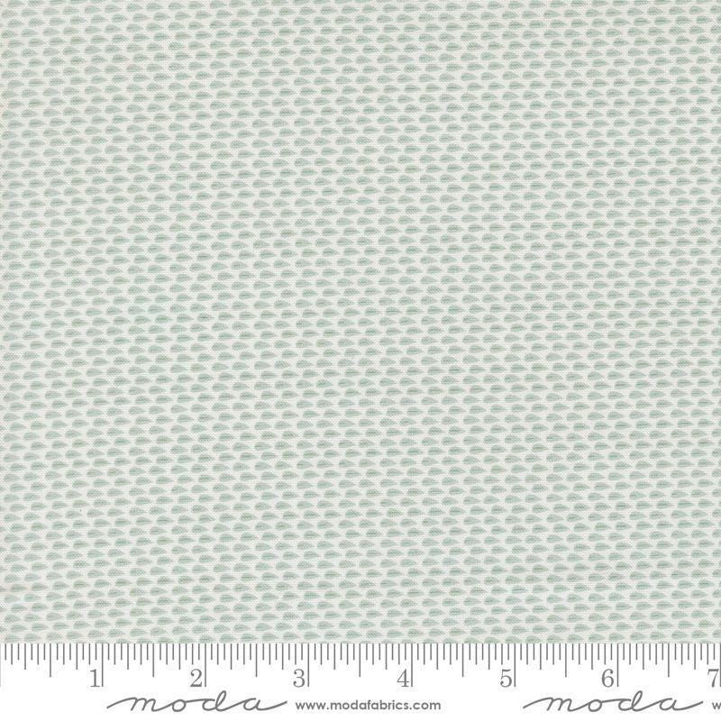 Image of Gathered Bonbons Lazy Leaf Home Town Sky quilting cotton fabric by Jen Kingwell for Moda Fabrics. Features tiny leaves on a blue background. Cute Little Fabric Shop.